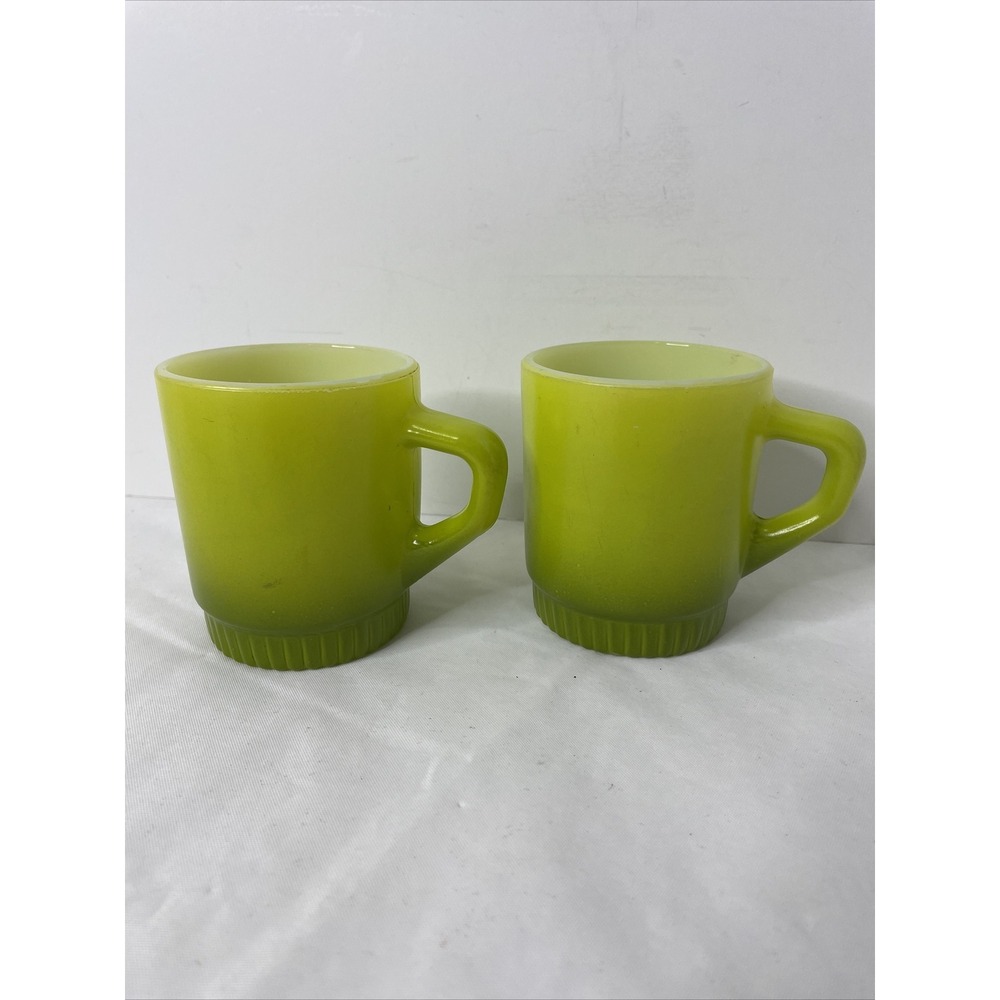 Vintage 2 Fire King Coffee Mug D Handle Stackable Green Ombré Anchor hocking
